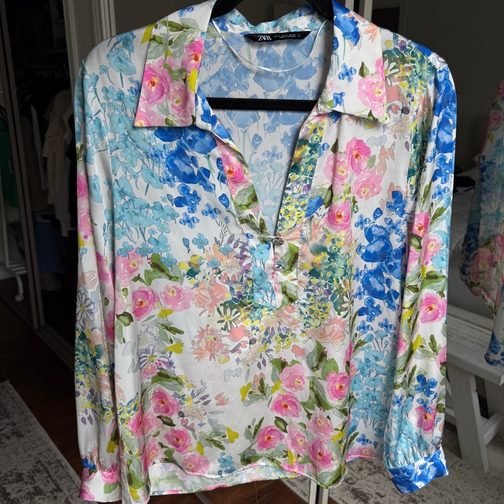 Zara Blue Pink Buttoned Notched Collar Blouse